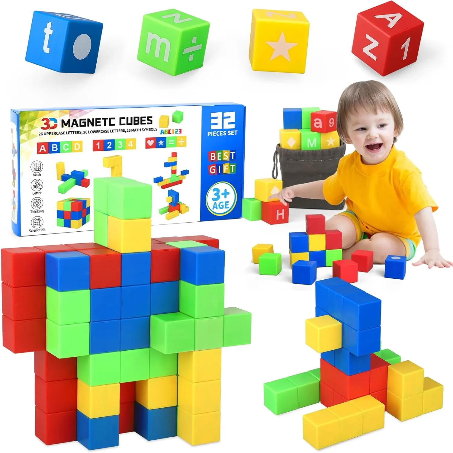 1 Inch Large Magnet Cube for Kids Toddler, Magnetic Blocks Gifts for Boys Girls , Letter Alphabet Sensory STEM Toy Science Kit, Number Construction 3D Puzzle Learning Toy Classroom Must Have 32 Pack