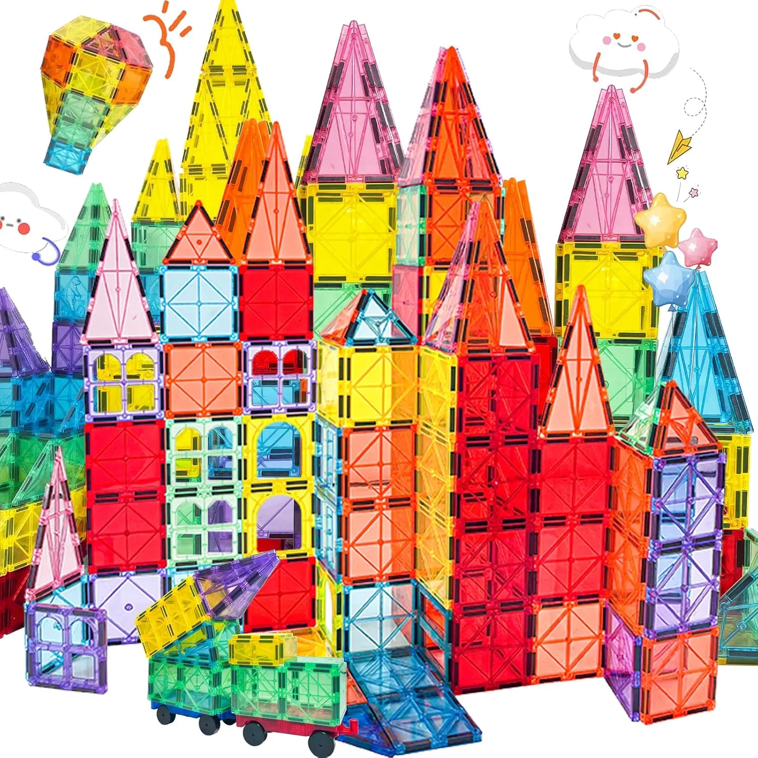 100 PCS Magnetic Tiles for Kids with 2 Cars STEM Classroom Educational Magnet Toy Building Puzzles Stacking Blocks for Toddler Boys Girls