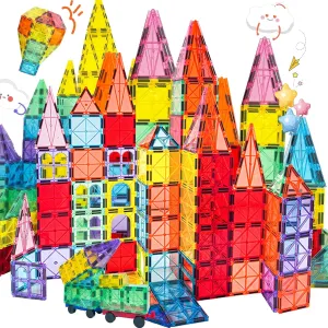 100 PCS Magnetic Tiles for Kids with 2 Cars STEM Classroom Educational Magnet Toy Building Puzzles Stacking Blocks for Toddler Boys Girls
