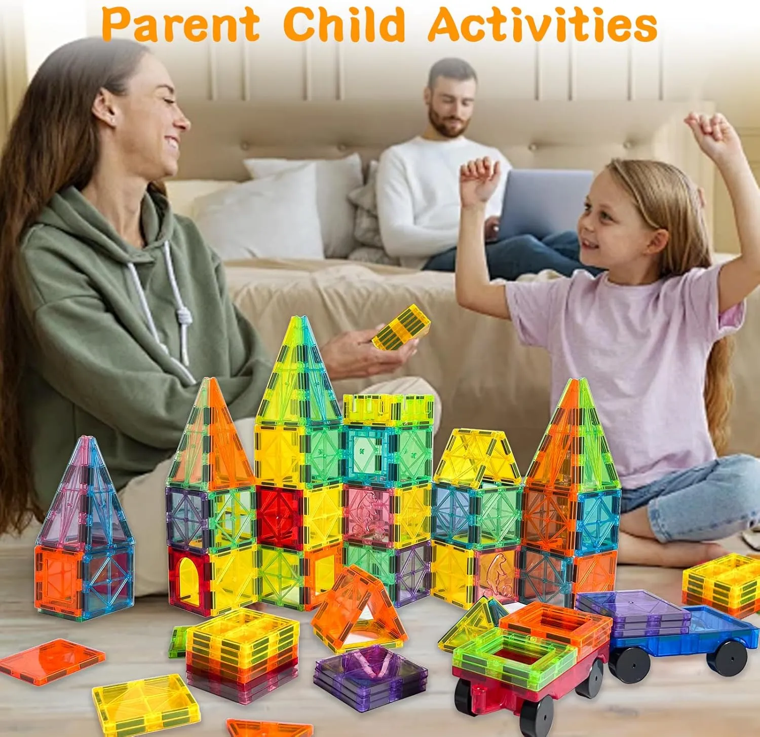 100 PCS Magnetic Tiles for Kids with 2 Cars STEM Classroom Educational Magnet Toy Building Puzzles Stacking Blocks for Toddler Boys Girls