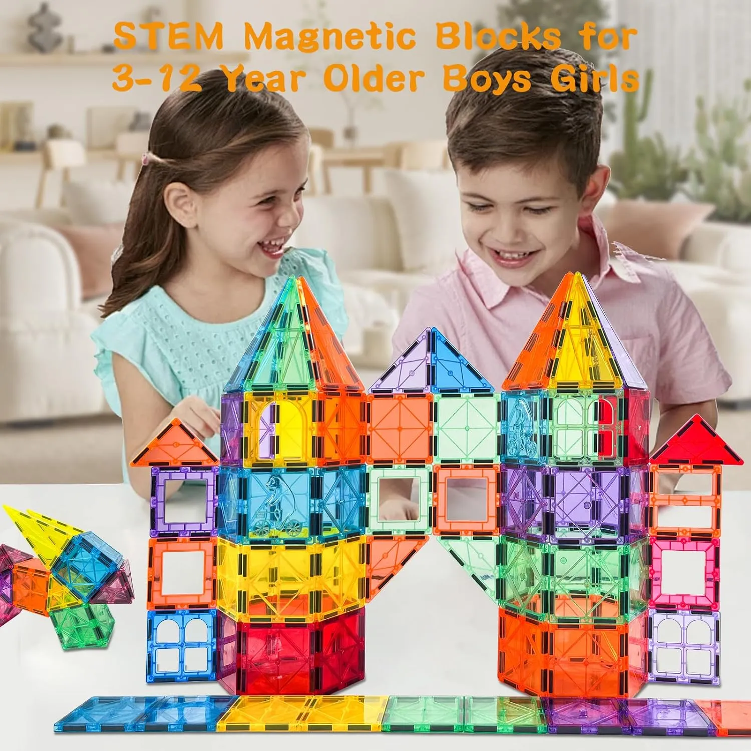 100 PCS Magnetic Tiles for Kids with 2 Cars STEM Classroom Educational Magnet Toy Building Puzzles Stacking Blocks for Toddler Boys Girls