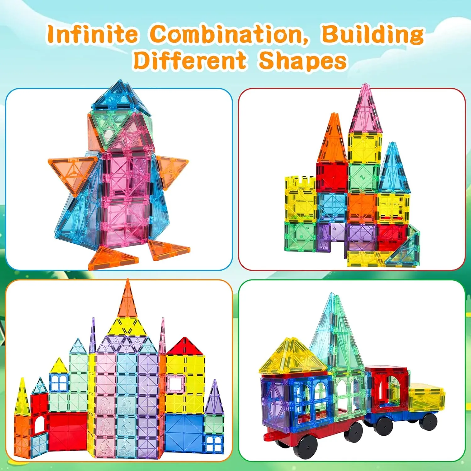 100 PCS Magnetic Tiles for Kids with 2 Cars STEM Classroom Educational Magnet Toy Building Puzzles Stacking Blocks for Toddler Boys Girls