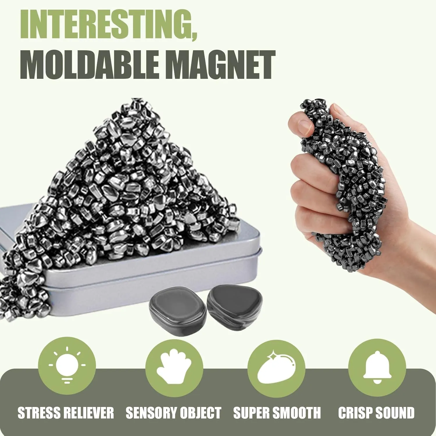 1000  Ferrite Putty, with 2 Large Smooth Magnet Balls | Quiet Fidget Toys for Adults & Teens | ADHD Sensory Stress Relief, Weak Magnetic Beads Safe Desk Toy | Office, Travel, Anxiety (Black)