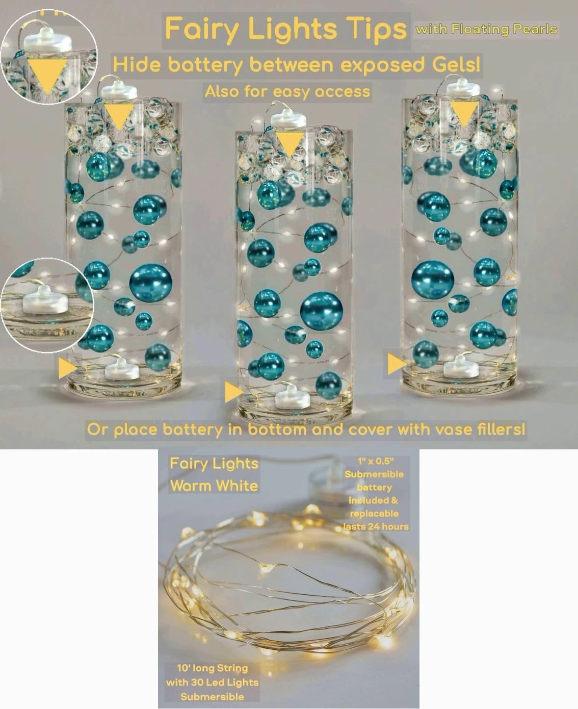100 Floating Rose Gold Pearls with Sparkling Rose Gold Gems-Fills 2 Gallons of The Transparent Gels for The Floating Effect-Exclusive Measured Floating Kit-Warm White Submersible Fairy Lights