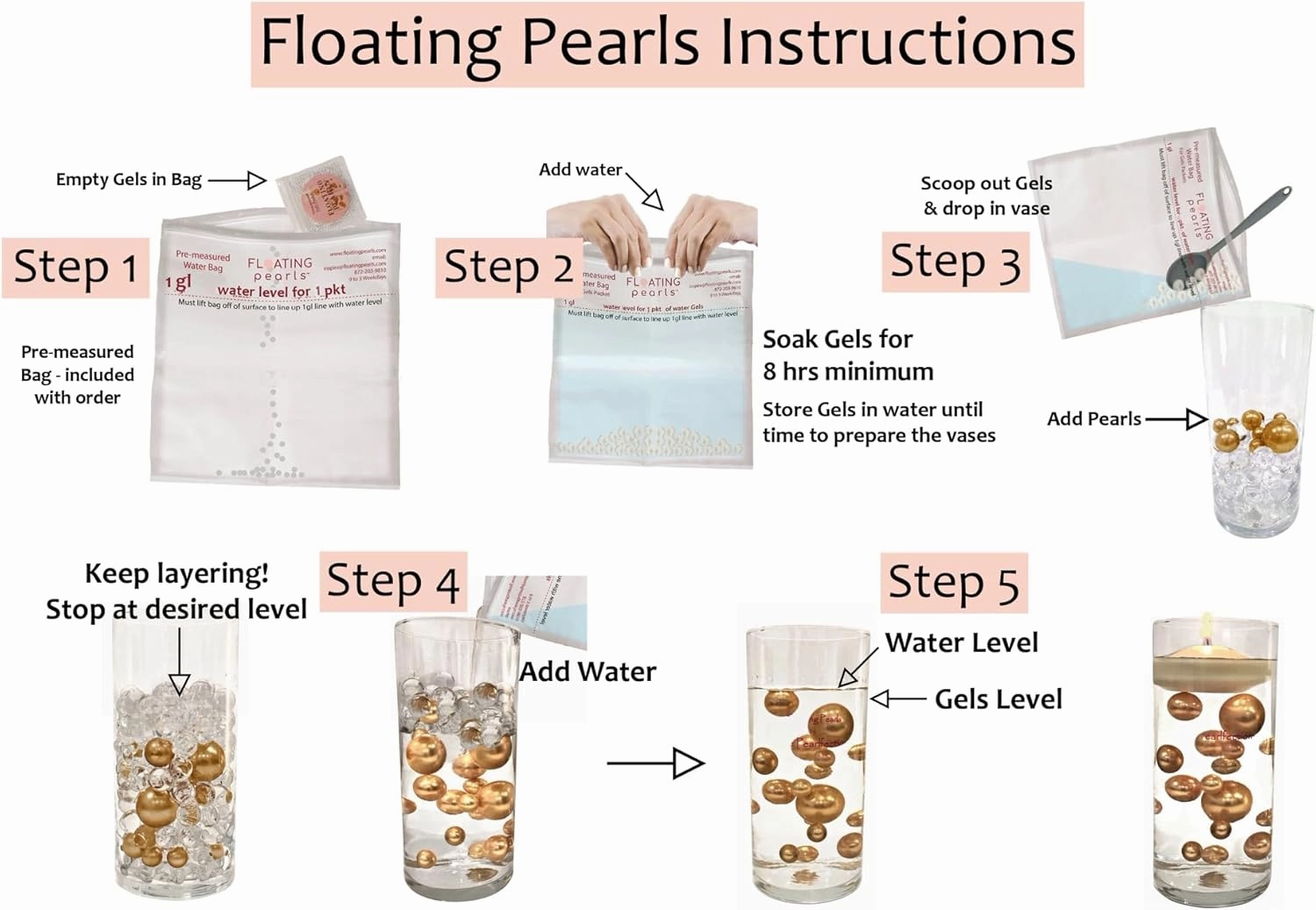100 Floating Rose Gold Pearls with Sparkling Rose Gold Gems-Fills 2 Gallons of The Transparent Gels for The Floating Effect-Exclusive Measured Floating Kit-Warm White Submersible Fairy Lights
