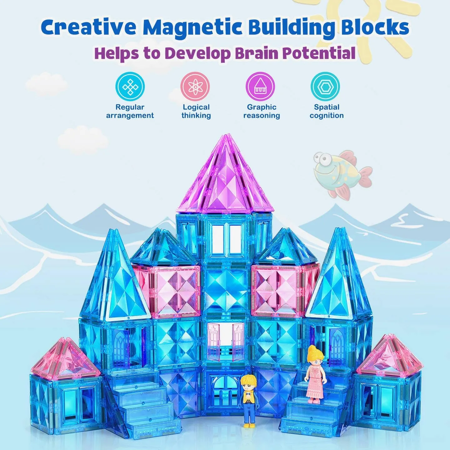 102PCS Ice Castle Magnetic Tiles, 3D Building Blocks STEM Educational Kids Toys for Pretend Play, 3 4 5 6 7 8 Year Old Birthday Gifts for Boys and Girls, Preschool Learning Toys for Birthday