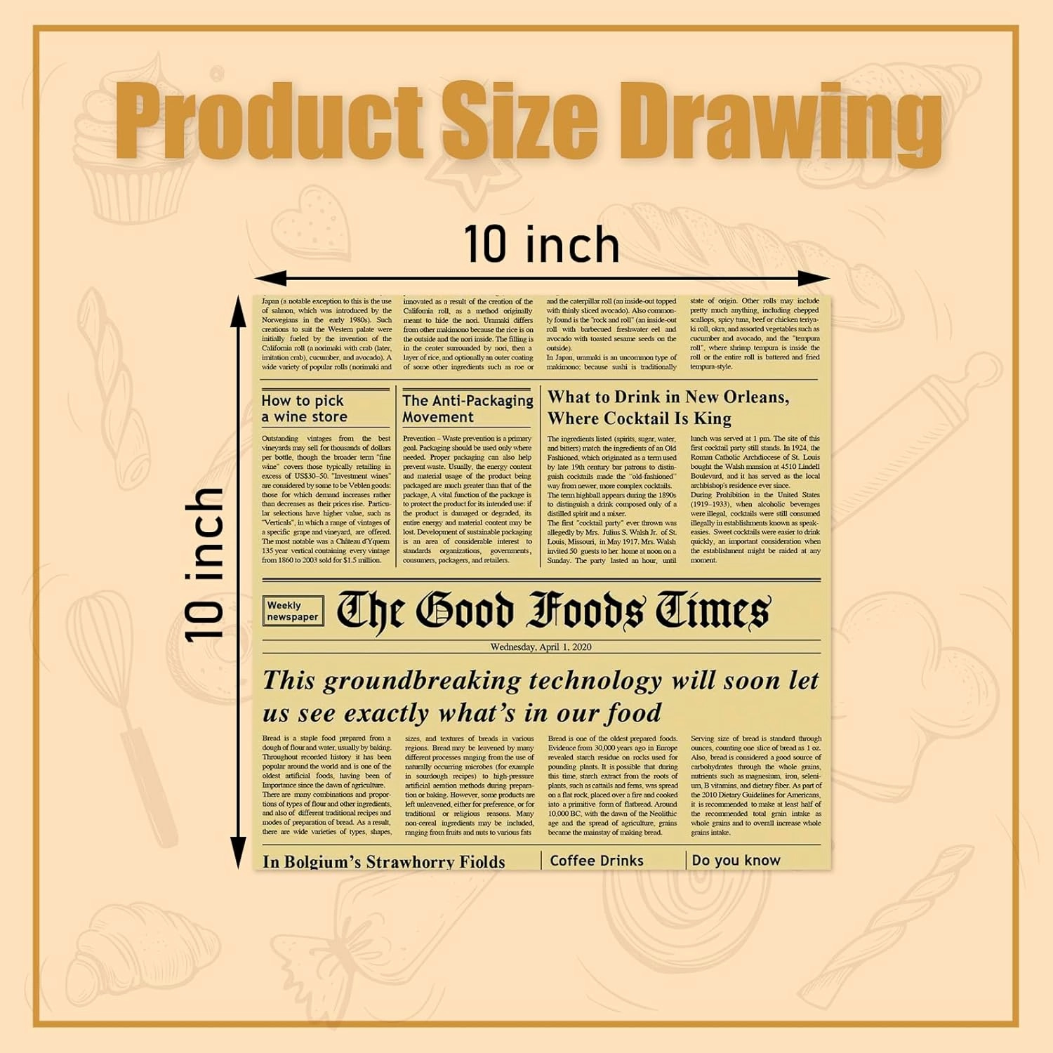 10" x 10" - 200 Pk - Brown Food Word Text Grease-Resistant Wrap Paper, Basket Liners Deli Paper, Best Kraft Food Wrapping Paper Sheets for Bakery, Picnic, Festival, Fair or BBQ (Kraft Newsprint)