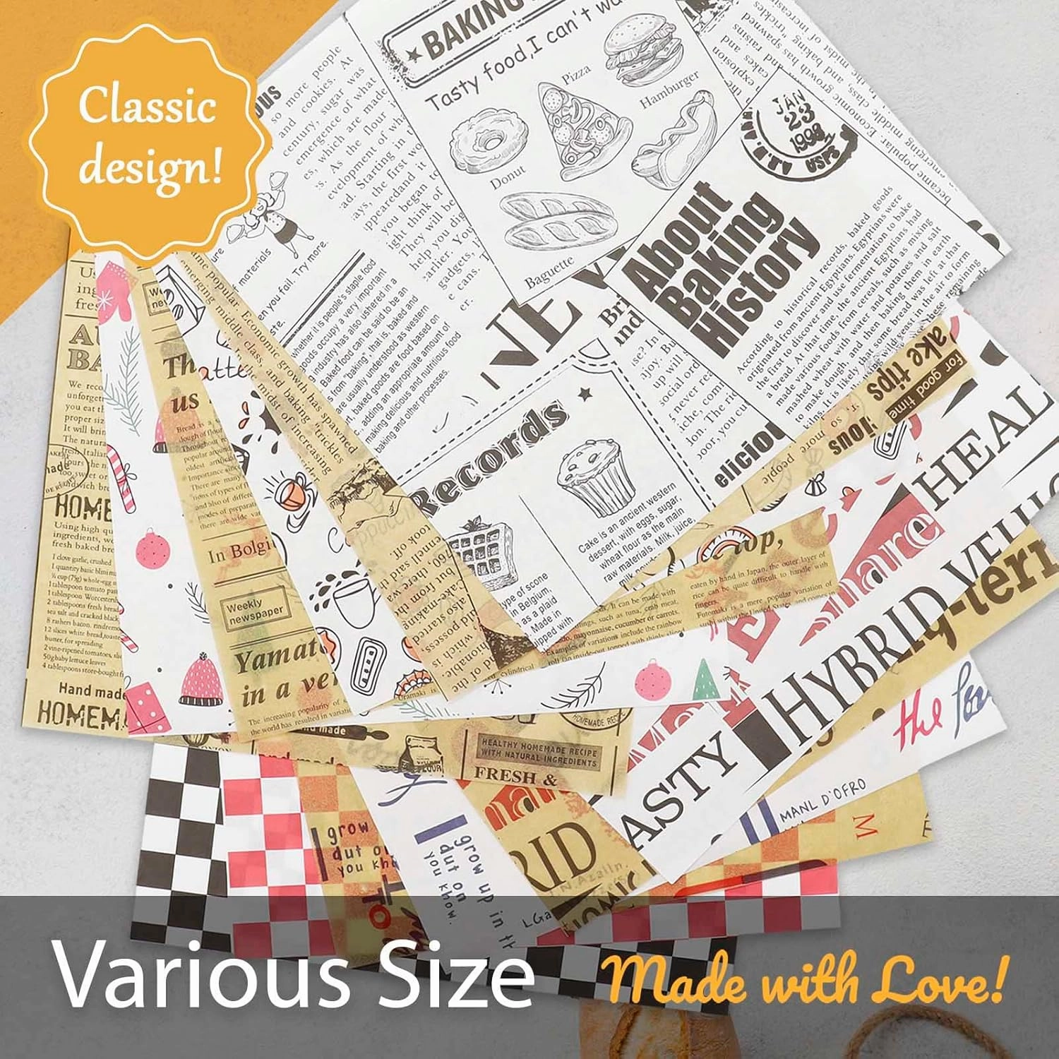 10" x 10" - 200 Pk - Brown Food Word Text Grease-Resistant Wrap Paper, Basket Liners Deli Paper, Best Kraft Food Wrapping Paper Sheets for Bakery, Picnic, Festival, Fair or BBQ (Kraft Newsprint)