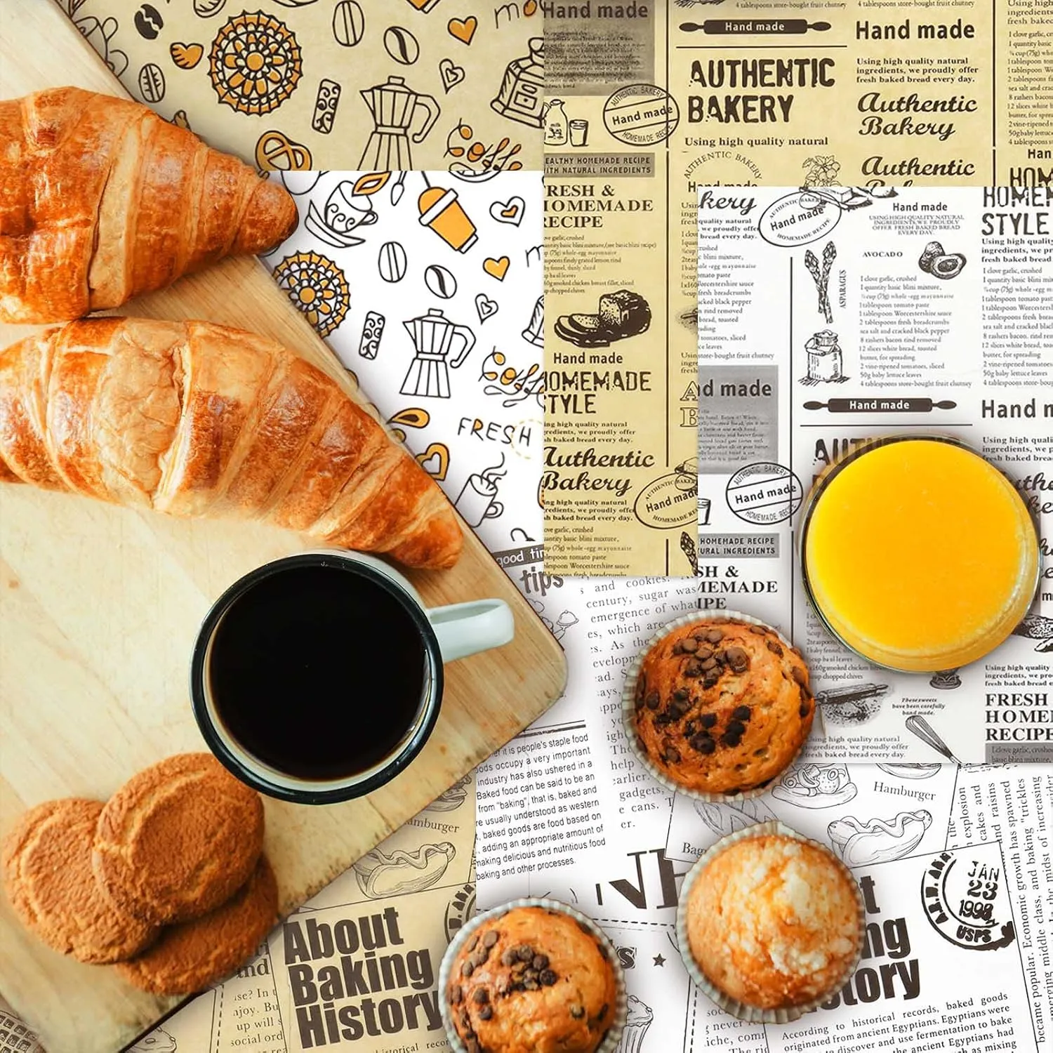 10" x 10" - 200 Pk - Brown Food Word Text Grease-Resistant Wrap Paper, Basket Liners Deli Paper, Best Kraft Food Wrapping Paper Sheets for Bakery, Picnic, Festival, Fair or BBQ (Kraft Newsprint)