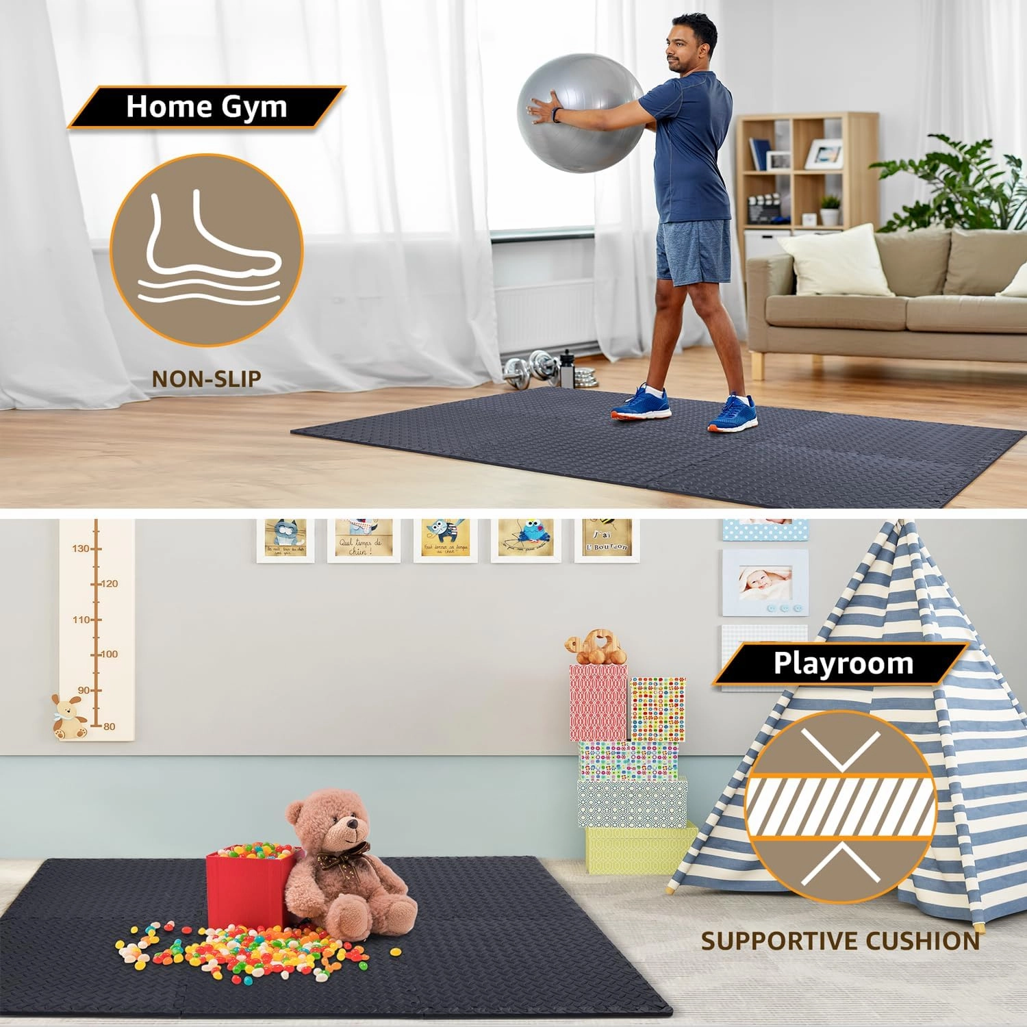 12 Pack, 48 SQFT - 24" x 24" - 1/2" Extra Thick Floor Exercise Mat for Home Gym or Floor Padding - High-Density EVA Interlocking Foam Floor Tiles for Gym Equipment, Play Area | Yoga, Cardio, Weights