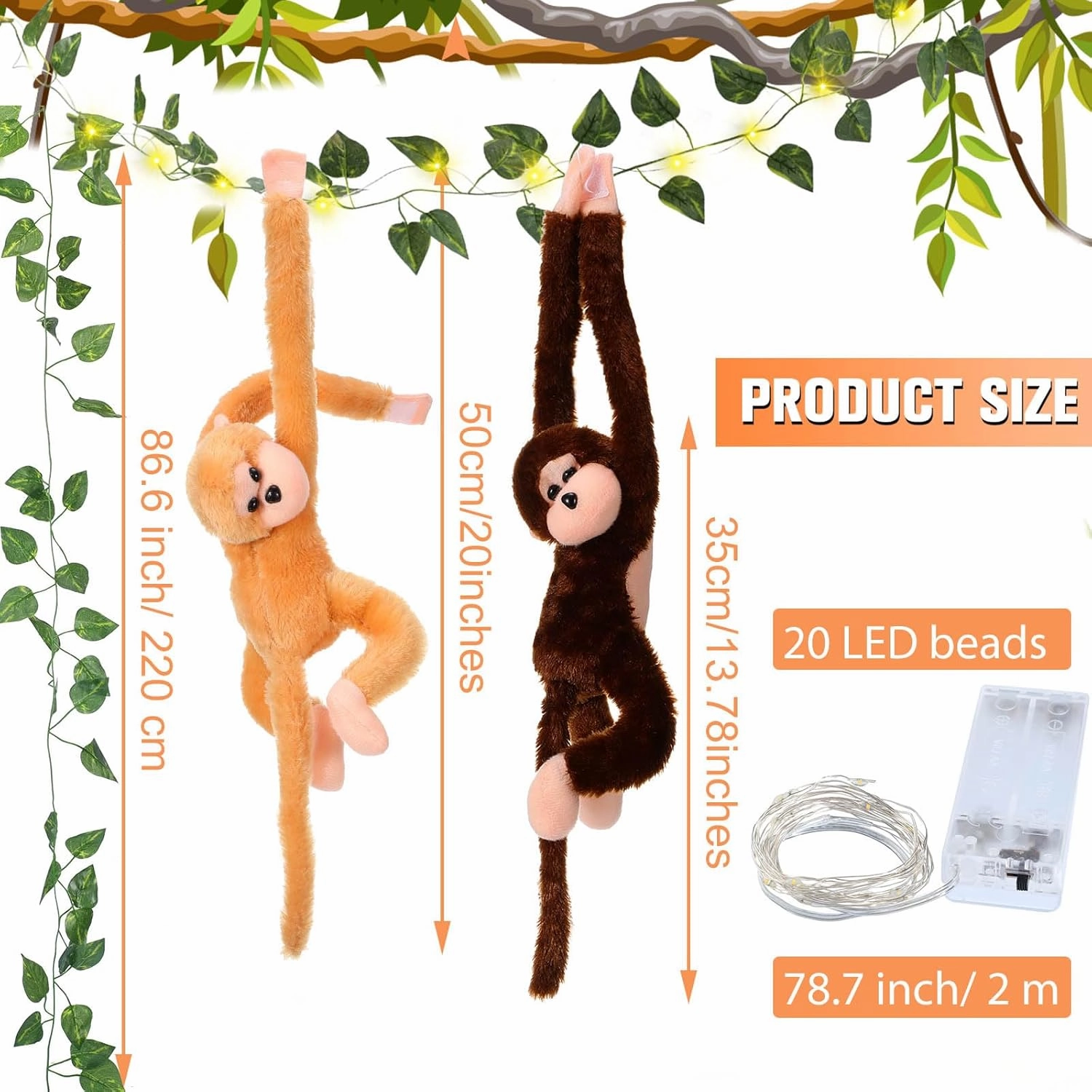 12 Pcs 20 Inch Hanging Monkey Stuffed Animal Stuffed Monkey Plush with 2 Hanging Artificial Ivy Vines 2 Pcs 20 LED Fairy Light Battery Operated String Light for Gifts(Brown, Khaki)