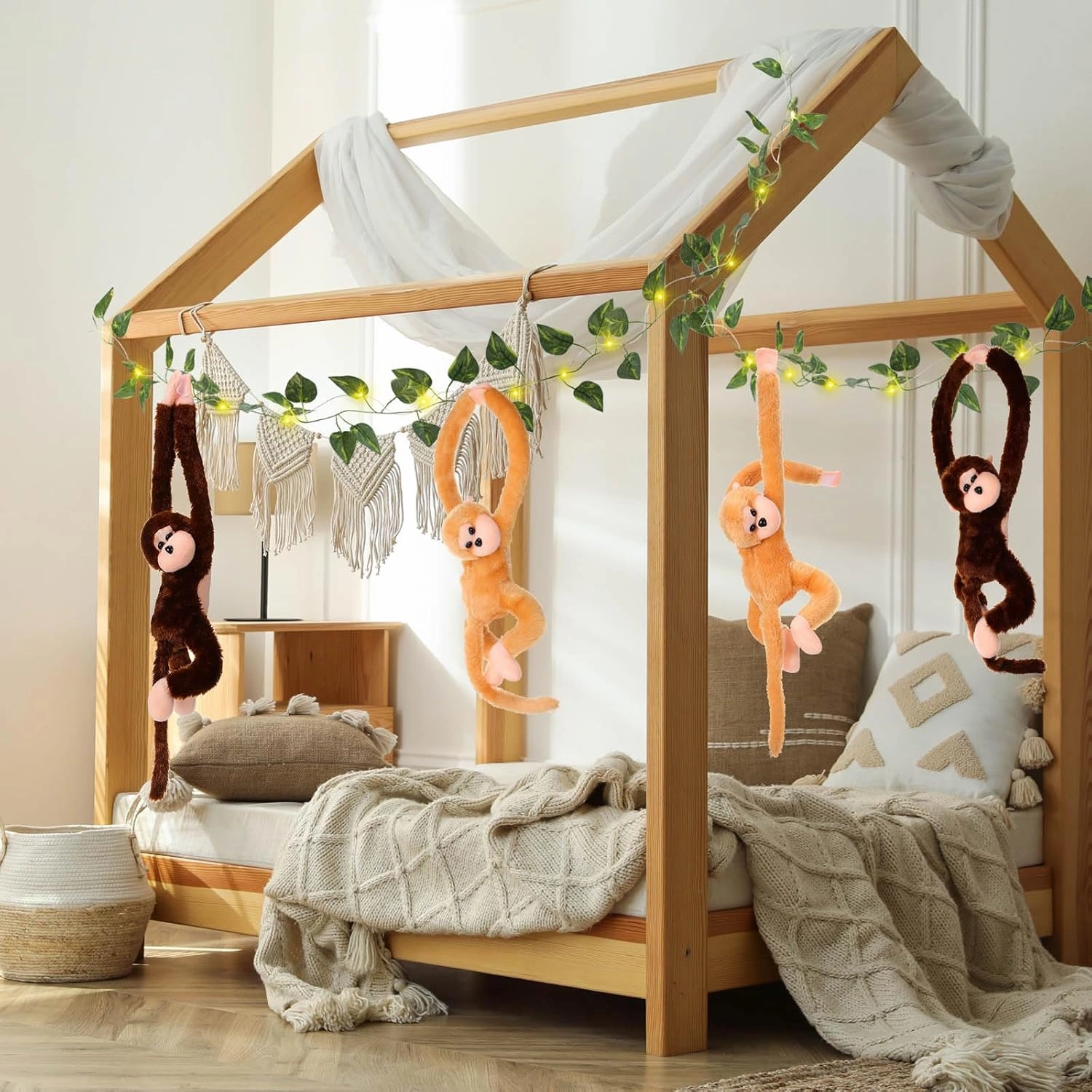 12 Pcs 20 Inch Hanging Monkey Stuffed Animal Stuffed Monkey Plush with 2 Hanging Artificial Ivy Vines 2 Pcs 20 LED Fairy Light Battery Operated String Light for Gifts(Brown, Khaki)