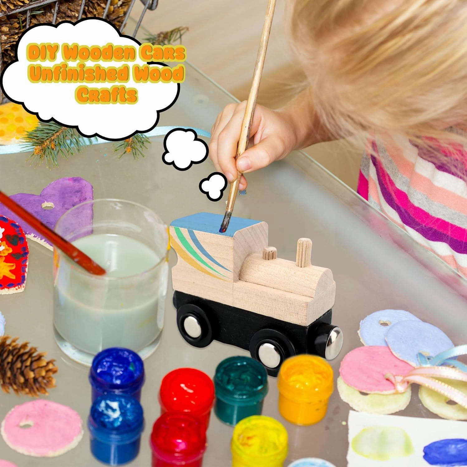12 Pcs Wooden Trains Toys Unpainted Wood Train Cars Weak Magnetic Suction Paintable Wooden Railway for Kids Educational Toys Birthday Christmas Party Gifts (Style Set 1)
