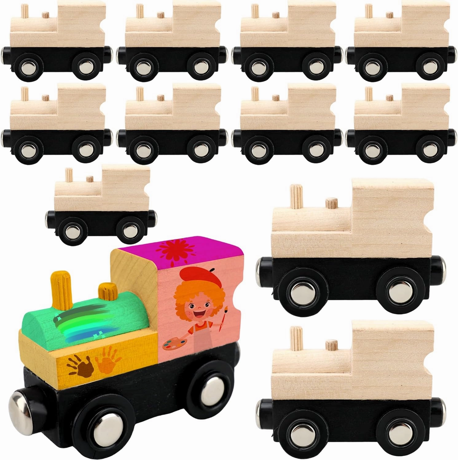 12 Pcs Wooden Trains Toys Unpainted Wood Train Cars Weak Magnetic Suction Paintable Wooden Railway for Kids Educational Toys Birthday Christmas Party Gifts (Style Set 1)