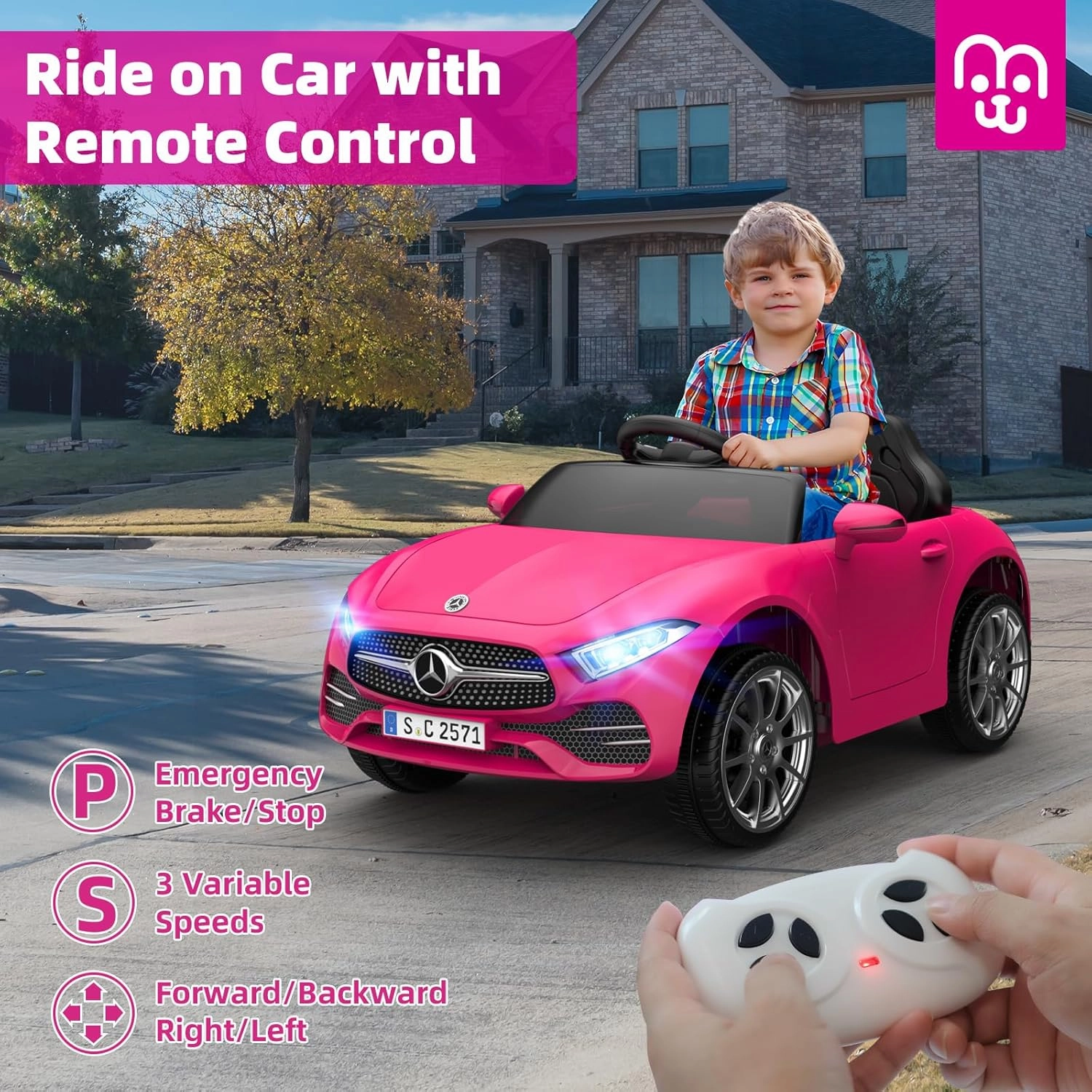 12V Kids Electric Car Remote Control Ride On Car Bluetooth USB Music Player 3.1MPH Max Speed Battery Powered Roadster Gift for Boys and Girls-Rosy