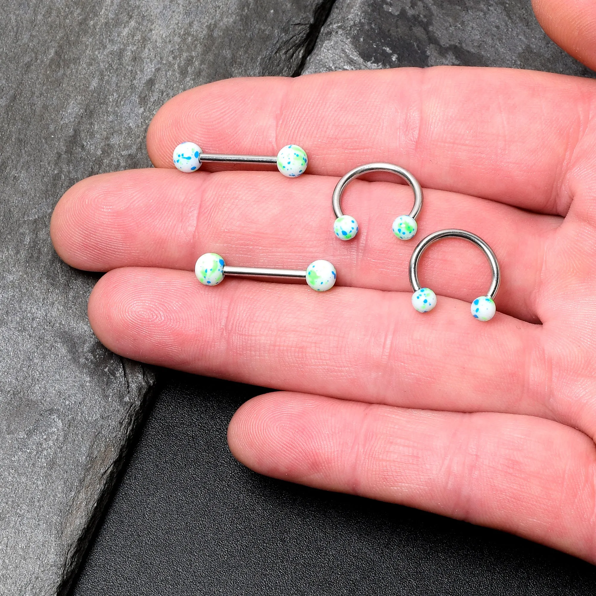 14 Gauge 9/16 1/2 Splatter Blue Green Barbell Horseshoe Nipple Ring Set of 4
