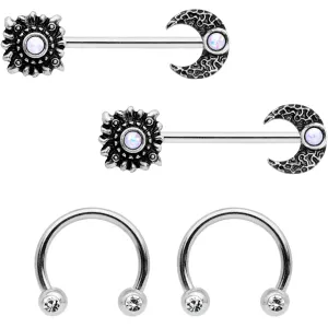 14 Gauge 9/16 Clear Gem Sun Moon Horseshoe Barbell Nipple Ring Set