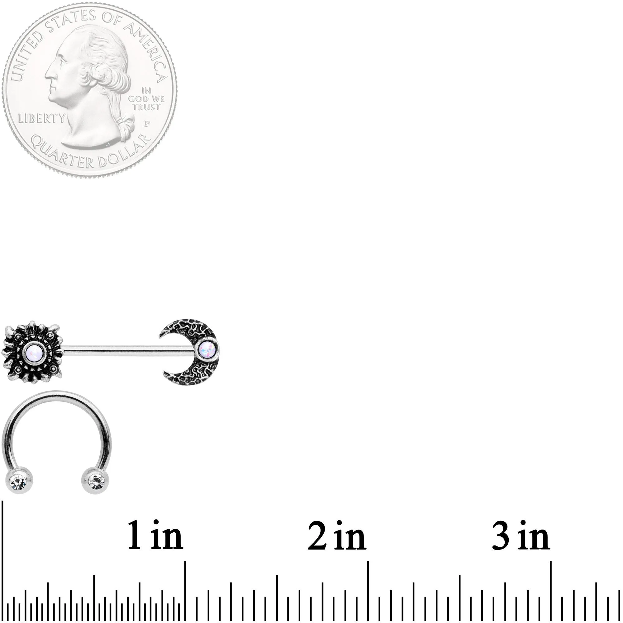 14 Gauge 9/16 Clear Gem Sun Moon Horseshoe Barbell Nipple Ring Set