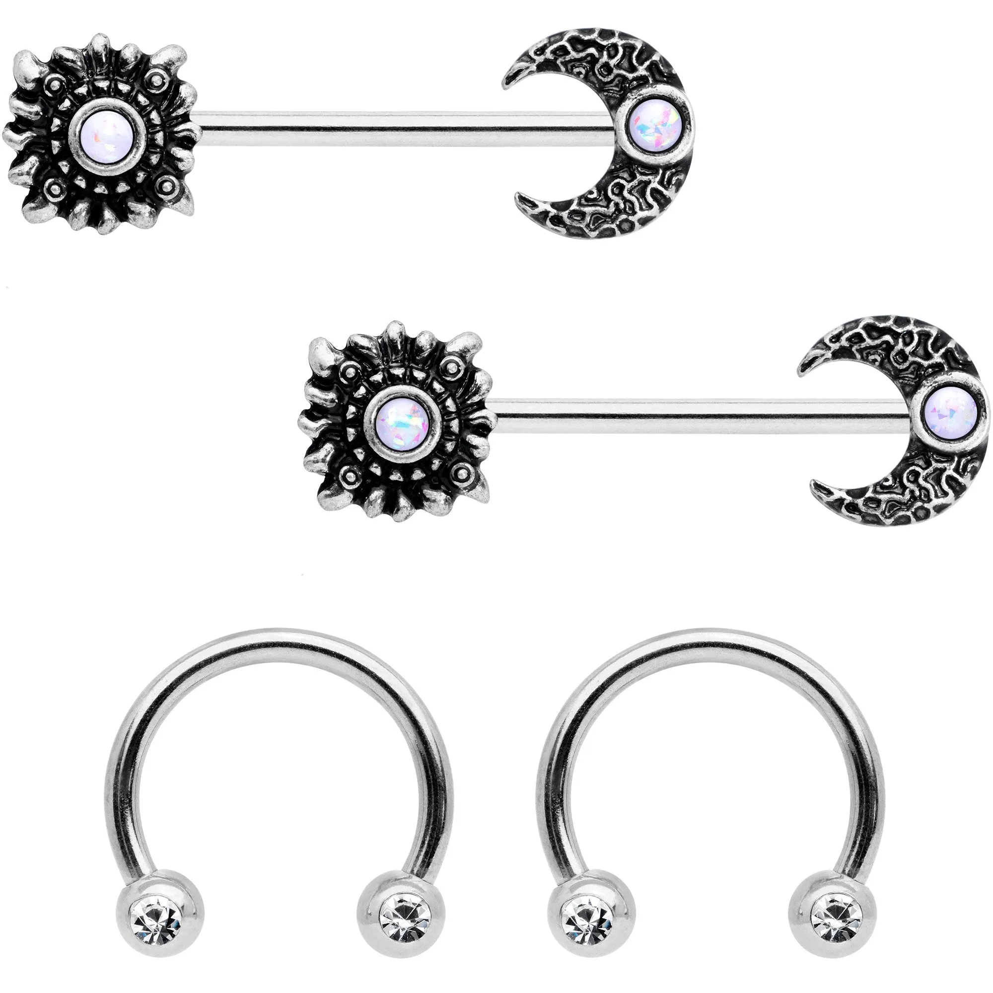 14 Gauge 9/16 Clear Gem Sun Moon Horseshoe Barbell Nipple Ring Set