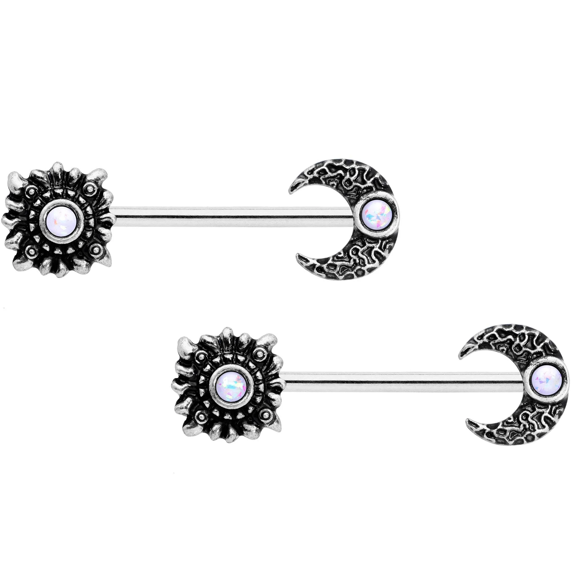 14 Gauge 9/16 Clear Gem Sun Moon Horseshoe Barbell Nipple Ring Set