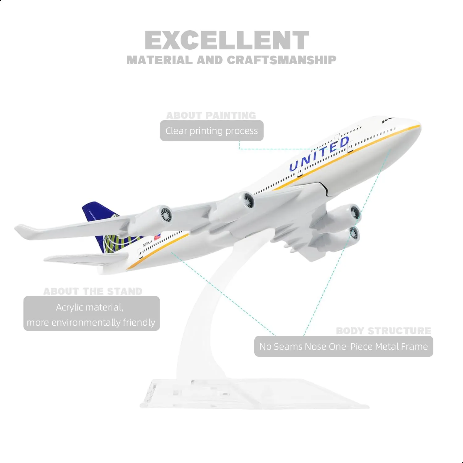 1/400 United Plane 747 Model -Diecast Metal Airplanes Model kit with Stand (6 inches) Boeing 747 Airlines Model Plane for Aviation Enthusiasts Gift, Desktop Display Decorations