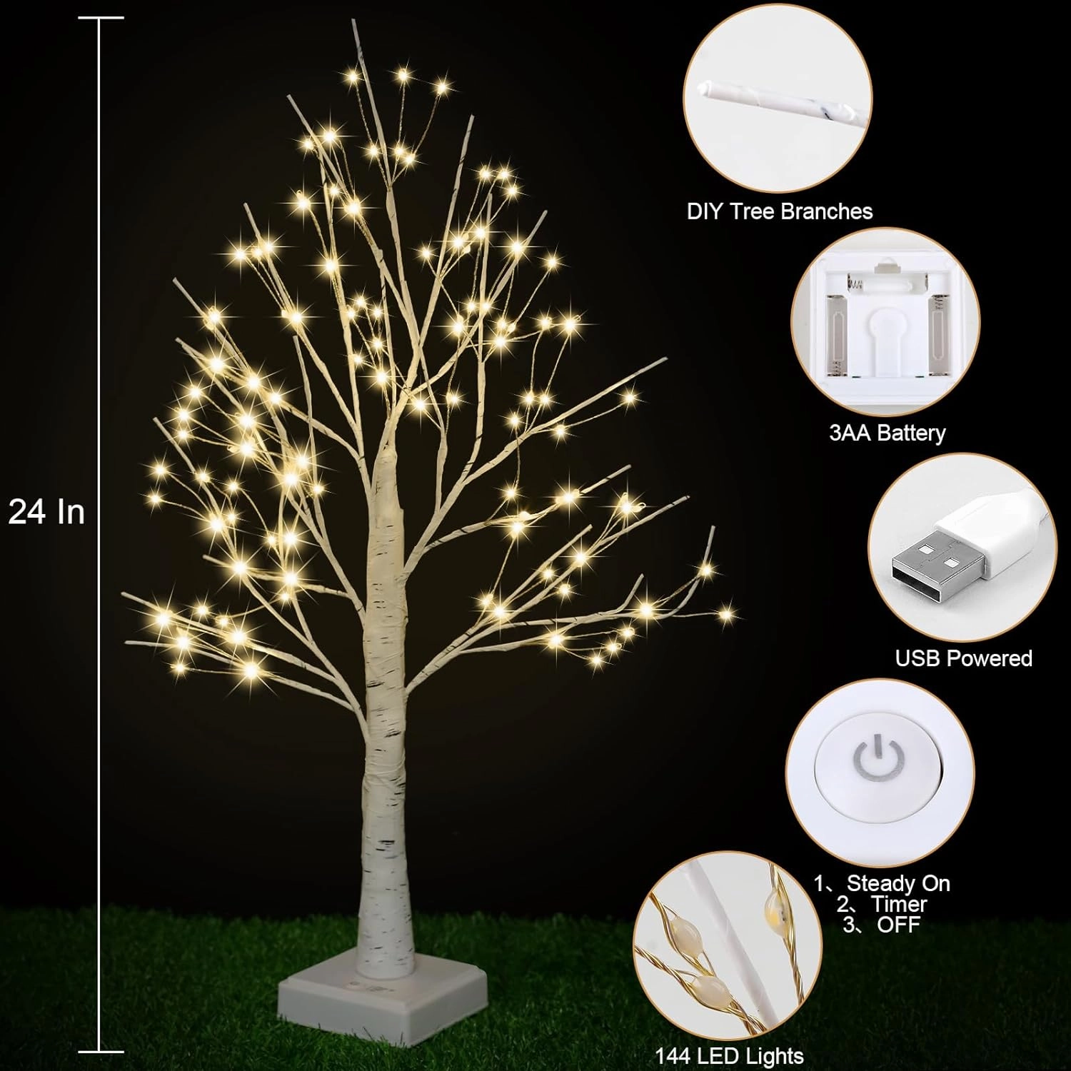 144 LED Birch Tree with LED Lights, DIY Artificial Tree Lamp with Timer, Lighted up Tree Lamp USB/Battery Powered, Fairy Light Spirit for Table Home Wedding Bedroom Christmas (Warm White)