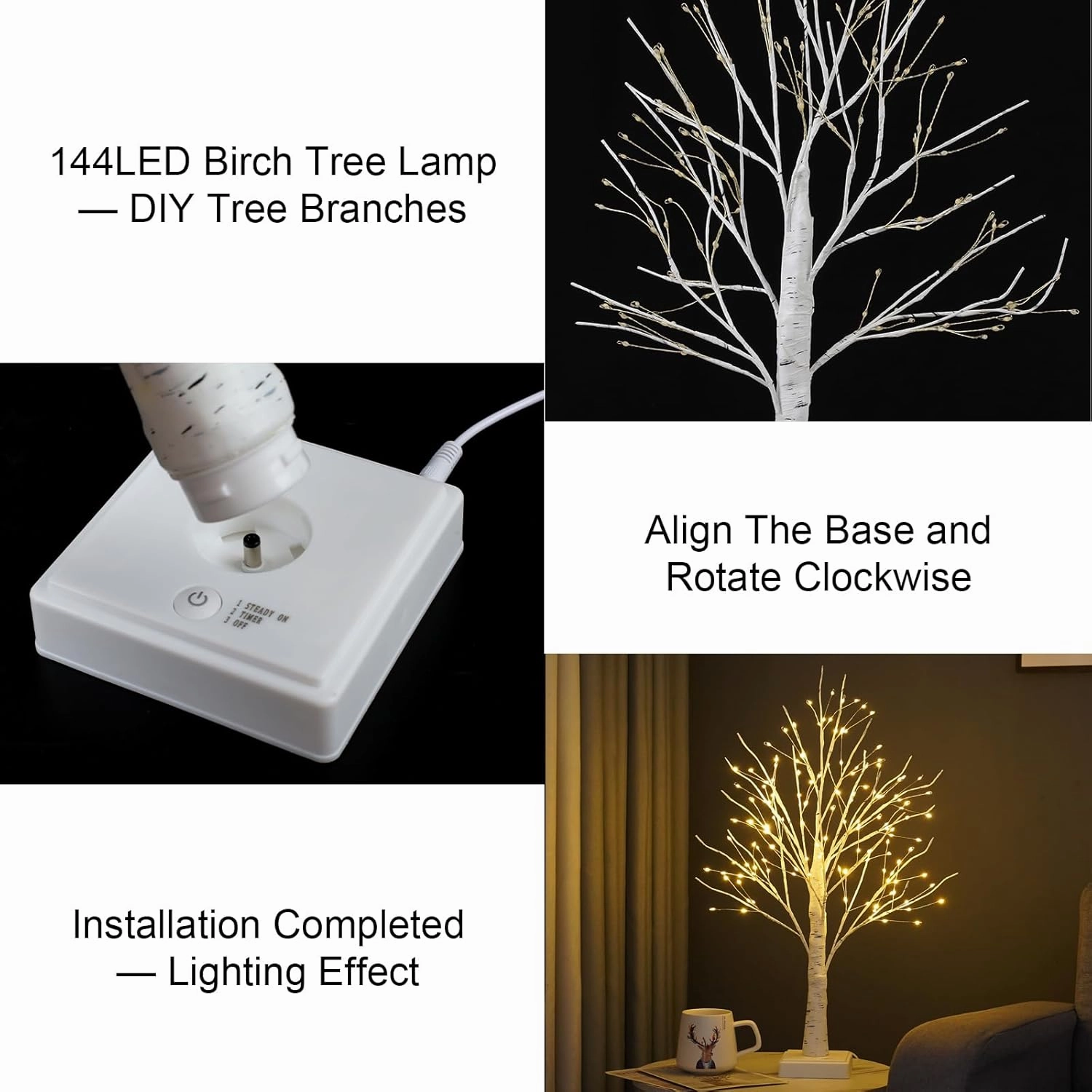 144 LED Birch Tree with LED Lights, DIY Artificial Tree Lamp with Timer, Lighted up Tree Lamp USB/Battery Powered, Fairy Light Spirit for Table Home Wedding Bedroom Christmas (Warm White)