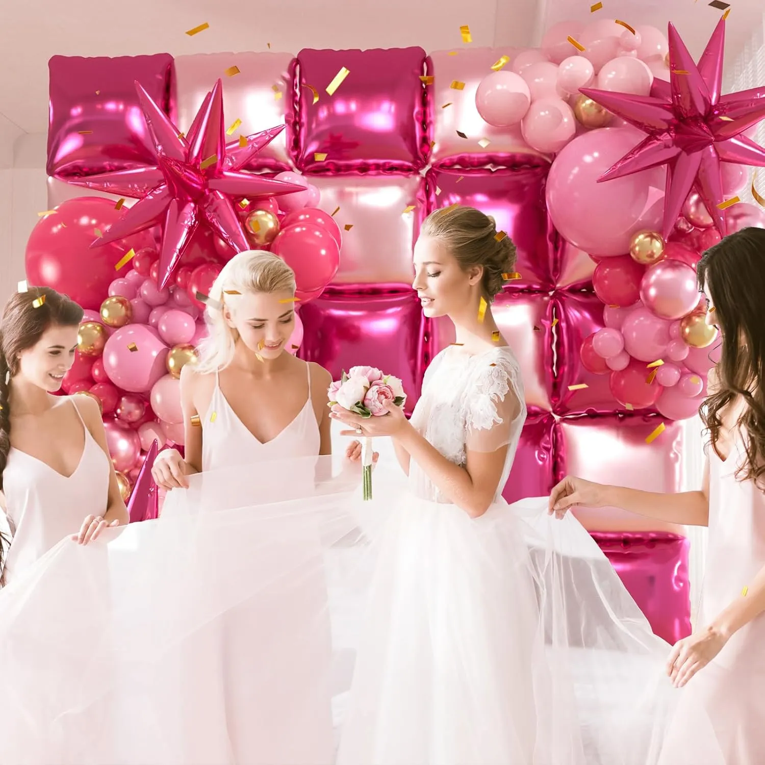 149pcs Pink and Gold Balloons Arch Kit - 25pcs Double Sided Hot Pink Flat Square Foil Balloons Wall Backdrop for Anniversary Bachelorette Birthday Valentines Day Party Decoration