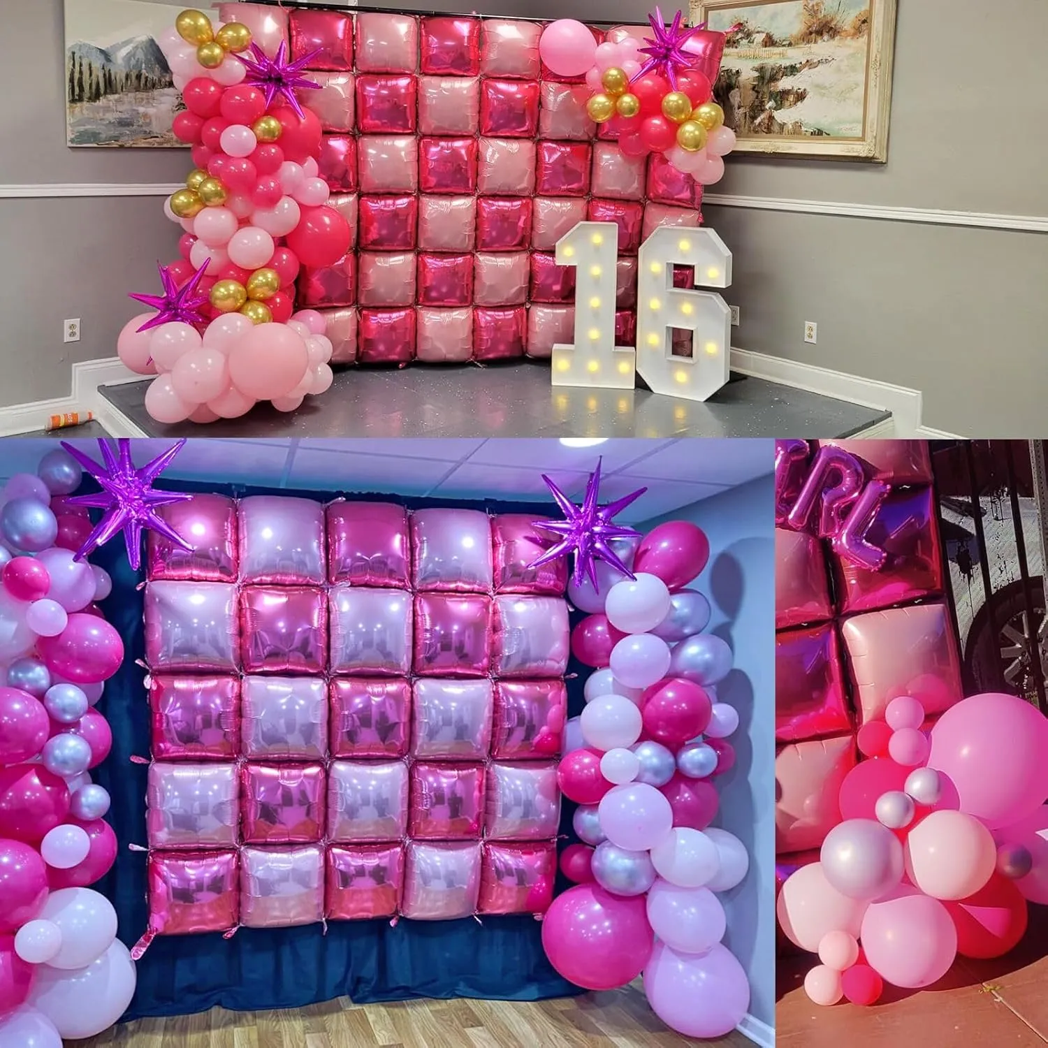 149pcs Pink and Gold Balloons Arch Kit - 25pcs Double Sided Hot Pink Flat Square Foil Balloons Wall Backdrop for Anniversary Bachelorette Birthday Valentines Day Party Decoration