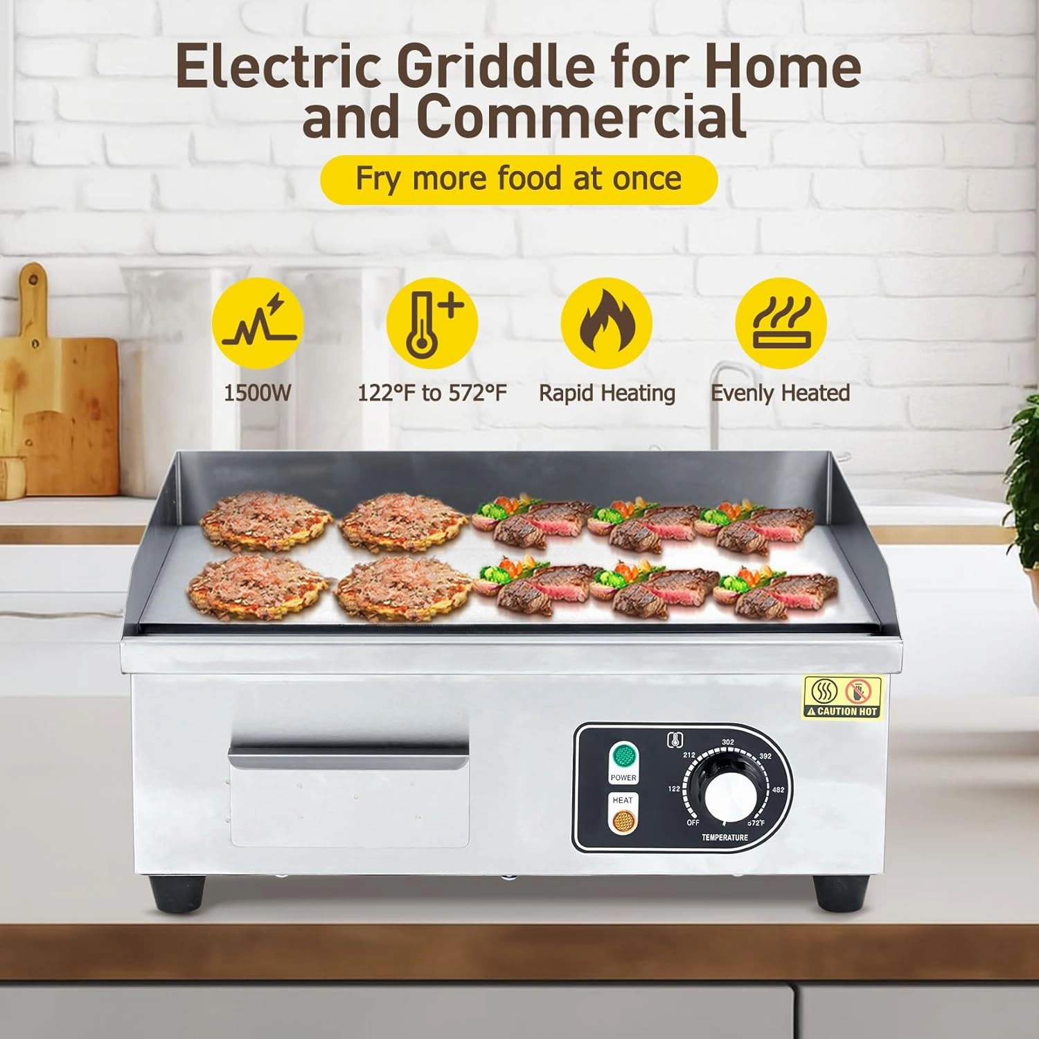 14 inch Commercial Electric Griddle, 1500W Countertop Griddle, Non-Stick Restaurant 110V Teppanyaki Flat Top Grill Stainless Steel Adjustable Temperature Control 122°F-572°F (with PLUG)