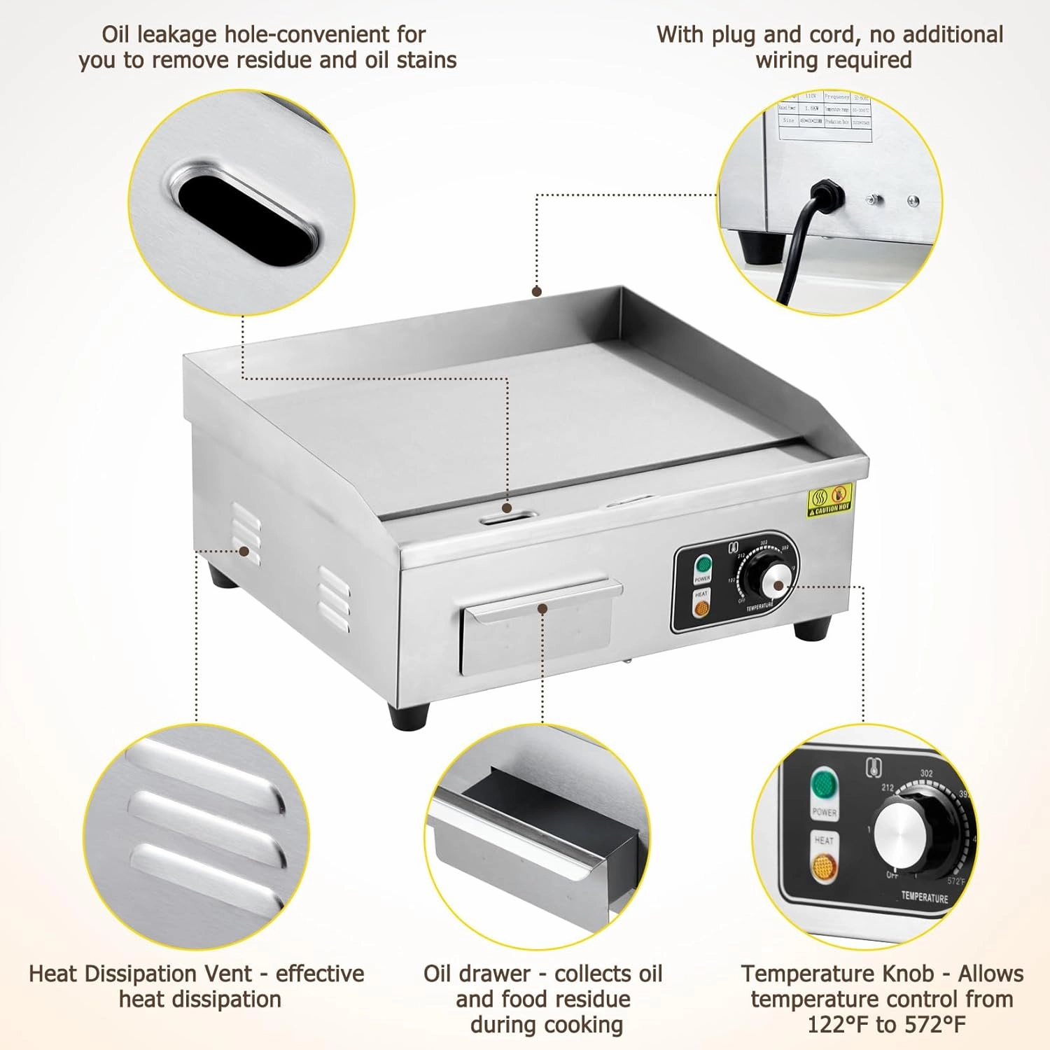 14 inch Commercial Electric Griddle, 1500W Countertop Griddle, Non-Stick Restaurant 110V Teppanyaki Flat Top Grill Stainless Steel Adjustable Temperature Control 122°F-572°F (with PLUG)
