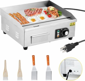 14 inch Commercial Electric Griddle, 1500W Countertop Griddle, Non-Stick Restaurant 110V Teppanyaki Flat Top Grill Stainless Steel Adjustable Temperature Control 122°F-572°F (with PLUG)