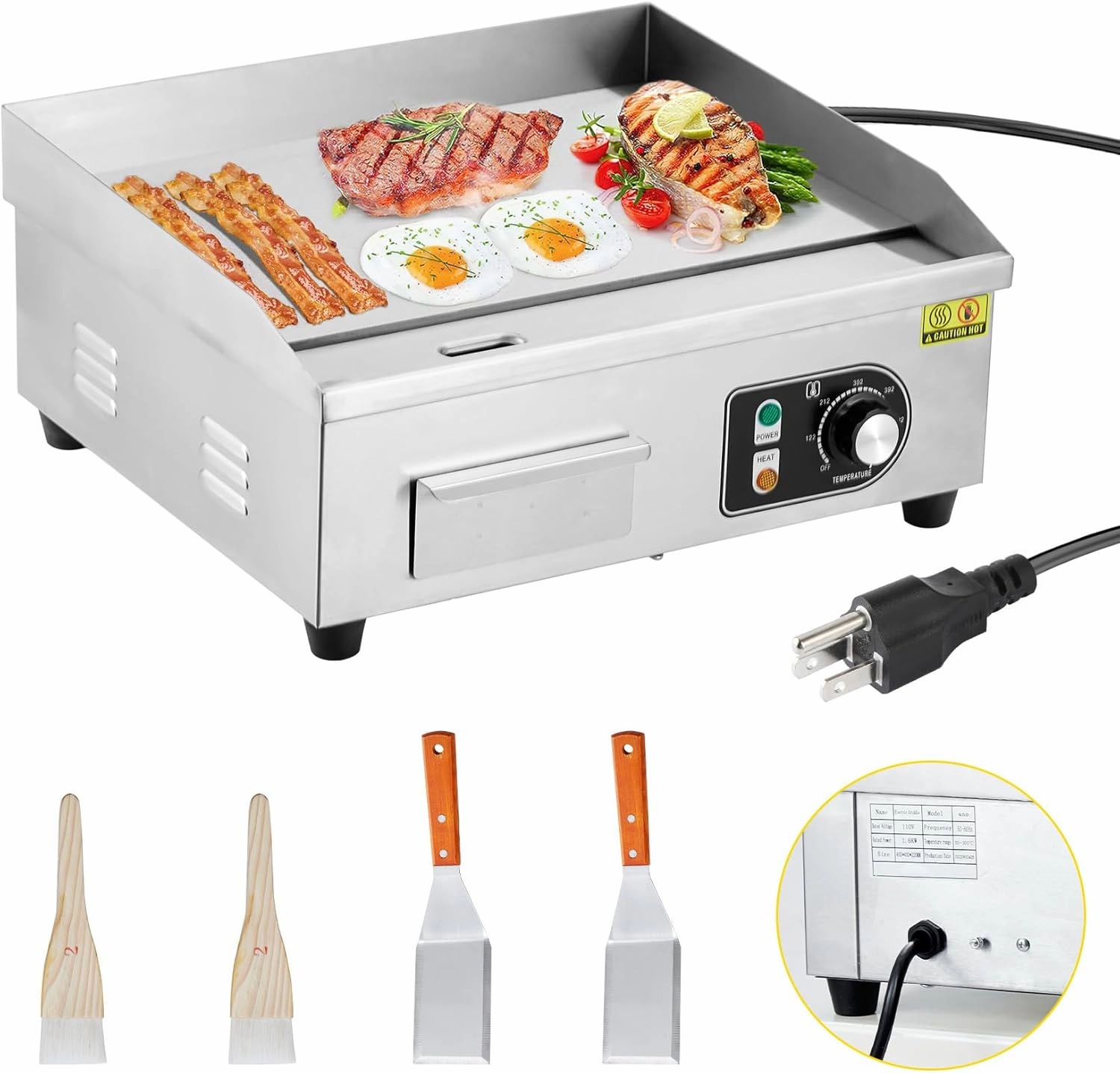 14 inch Commercial Electric Griddle, 1500W Countertop Griddle, Non-Stick Restaurant 110V Teppanyaki Flat Top Grill Stainless Steel Adjustable Temperature Control 122°F-572°F (with PLUG)