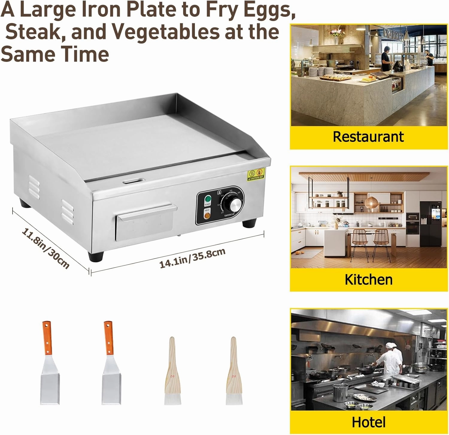 14 inch Commercial Electric Griddle, 1500W Countertop Griddle, Non-Stick Restaurant 110V Teppanyaki Flat Top Grill Stainless Steel Adjustable Temperature Control 122°F-572°F (with PLUG)