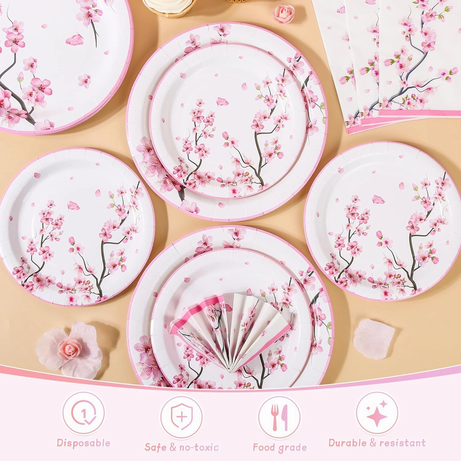 150Pcs Cherry Blossom Party Supplies Cherry Blossom Plates and Napkins Cherry Blossom Paper Plates Disposable Cherry Blossom Dinnerware Set for Spring Floral Bridal Shower Party Decoration,Serves 50