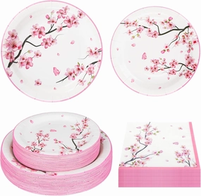 150Pcs Cherry Blossom Party Supplies Cherry Blossom Plates and Napkins Cherry Blossom Paper Plates Disposable Cherry Blossom Dinnerware Set for Spring Floral Bridal Shower Party Decoration,Serves 50