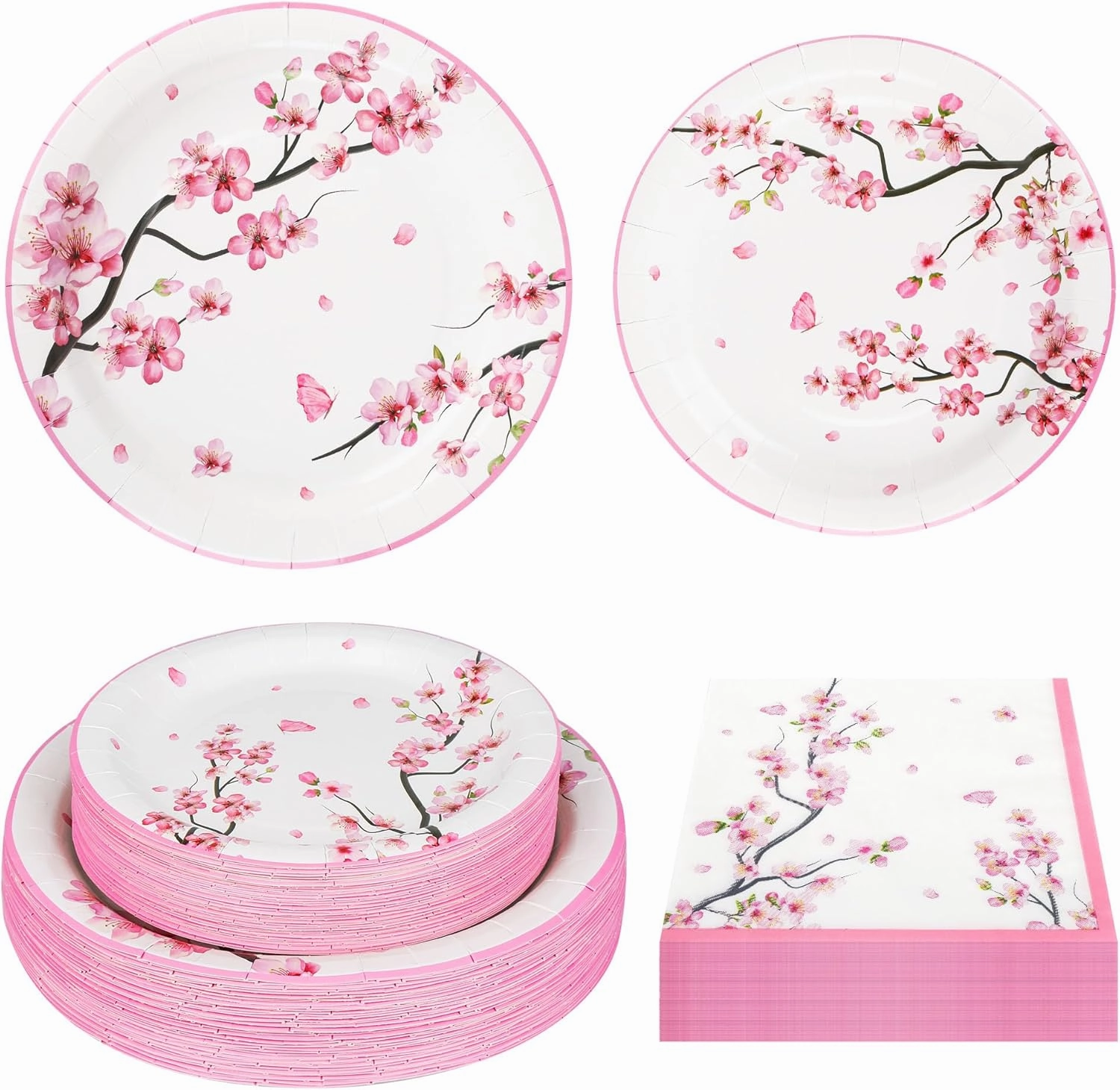 150Pcs Cherry Blossom Party Supplies Cherry Blossom Plates and Napkins Cherry Blossom Paper Plates Disposable Cherry Blossom Dinnerware Set for Spring Floral Bridal Shower Party Decoration,Serves 50