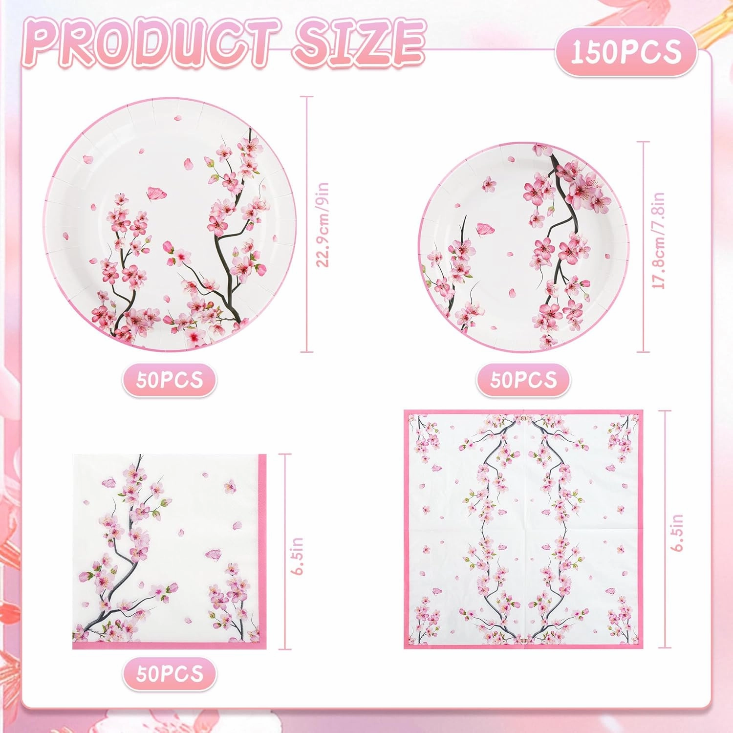 150Pcs Cherry Blossom Party Supplies Cherry Blossom Plates and Napkins Cherry Blossom Paper Plates Disposable Cherry Blossom Dinnerware Set for Spring Floral Bridal Shower Party Decoration,Serves 50
