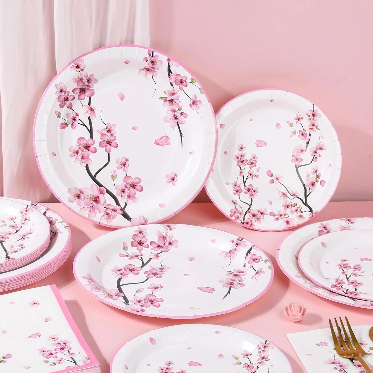 150Pcs Cherry Blossom Party Supplies Cherry Blossom Plates and Napkins Cherry Blossom Paper Plates Disposable Cherry Blossom Dinnerware Set for Spring Floral Bridal Shower Party Decoration,Serves 50