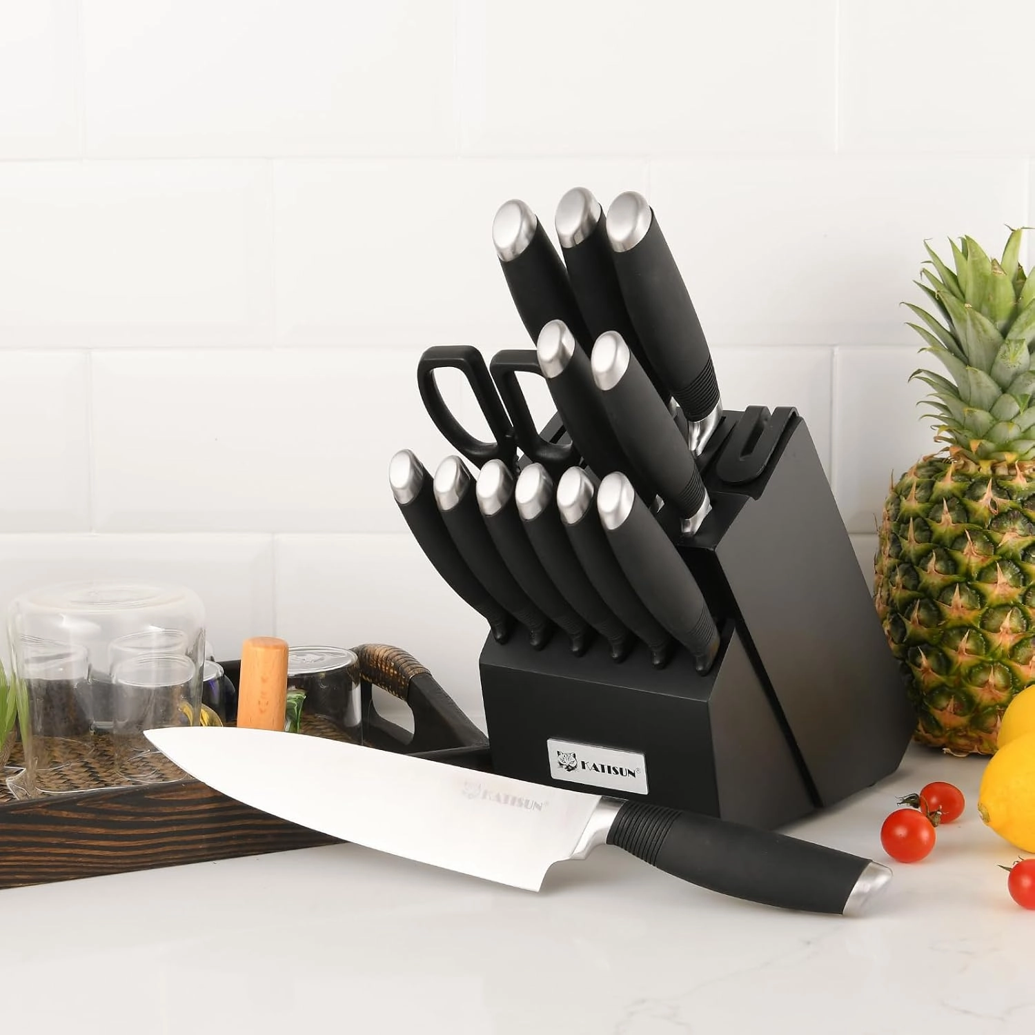 15-Piece Knife Set, German Steel, Durable and Dishwasher Safe, Ergonomic Handle Knife Block set with Built-in Sharpener for Chopping, Slicing, Dicing&Cutting Black
