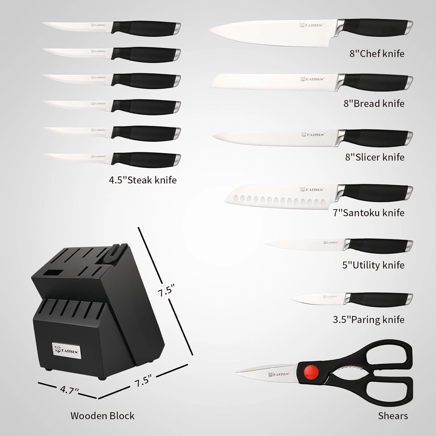 15-Piece Knife Set, German Steel, Durable and Dishwasher Safe, Ergonomic Handle Knife Block set with Built-in Sharpener for Chopping, Slicing, Dicing&Cutting Black