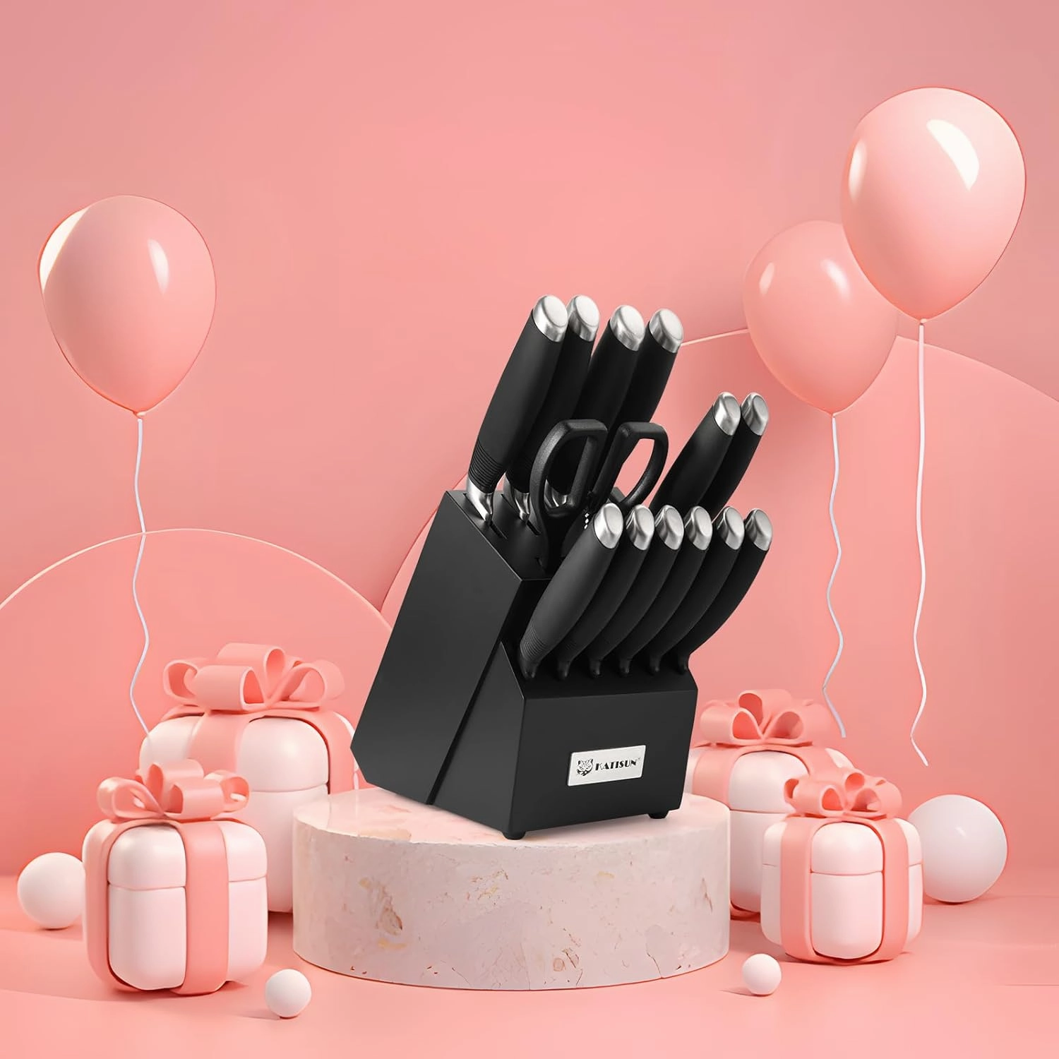 15-Piece Knife Set, German Steel, Durable and Dishwasher Safe, Ergonomic Handle Knife Block set with Built-in Sharpener for Chopping, Slicing, Dicing&Cutting Black