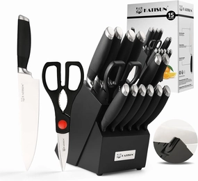15-Piece Knife Set, German Steel, Durable and Dishwasher Safe, Ergonomic Handle Knife Block set with Built-in Sharpener for Chopping, Slicing, Dicing&Cutting Black