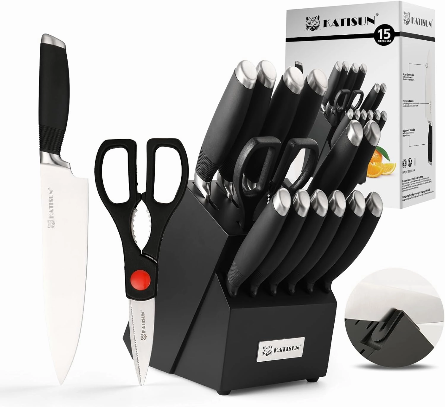 15-Piece Knife Set, German Steel, Durable and Dishwasher Safe, Ergonomic Handle Knife Block set with Built-in Sharpener for Chopping, Slicing, Dicing&Cutting Black