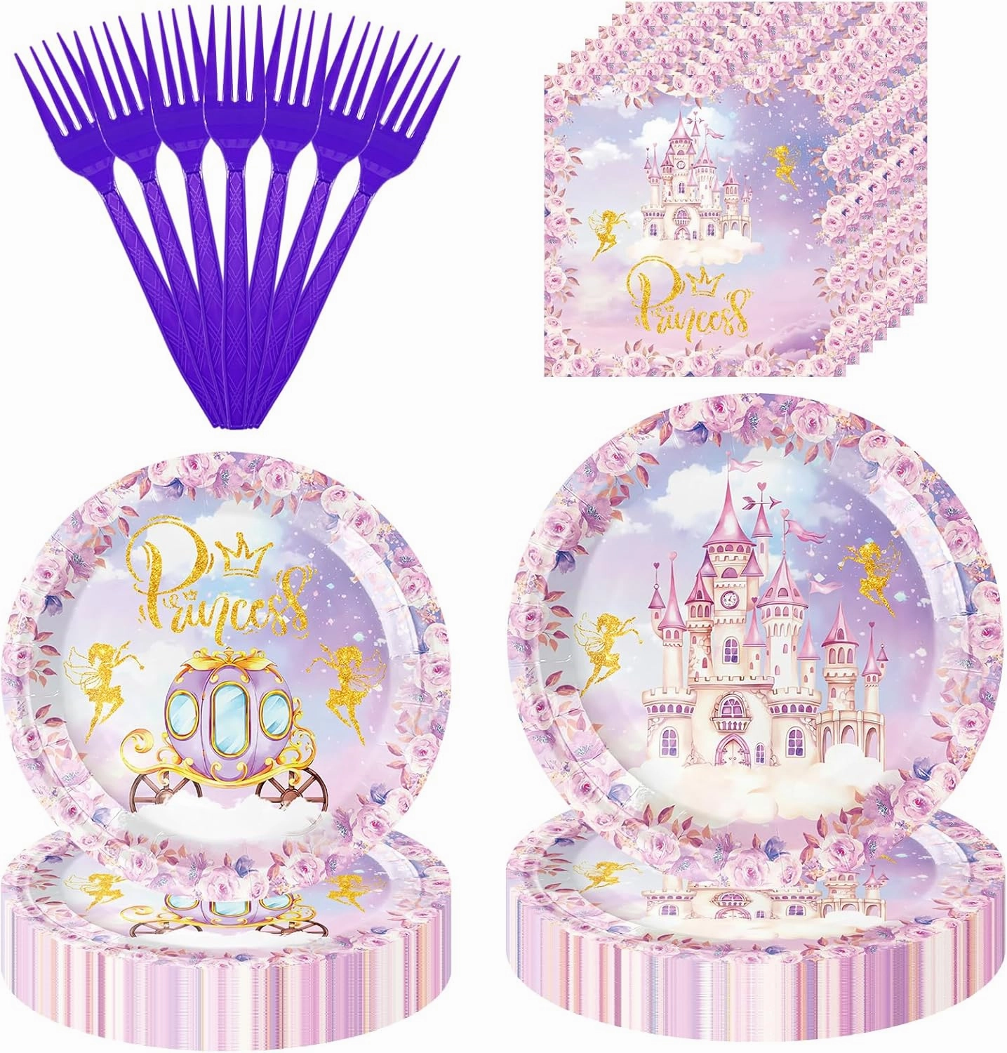 160 Pcs Princess Castle Birthday Party Tableware Set - Include Paper Plates Napkins Forks, Fairytale Disposable Party Supplies Decorations for Girl Kids Birthday Serve 40 Guests.