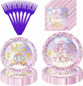 160 Pcs Princess Castle Birthday Party Tableware Set - Include Paper Plates Napkins Forks, Fairytale Disposable Party Supplies Decorations for Girl Kids Birthday Serve 40 Guests.