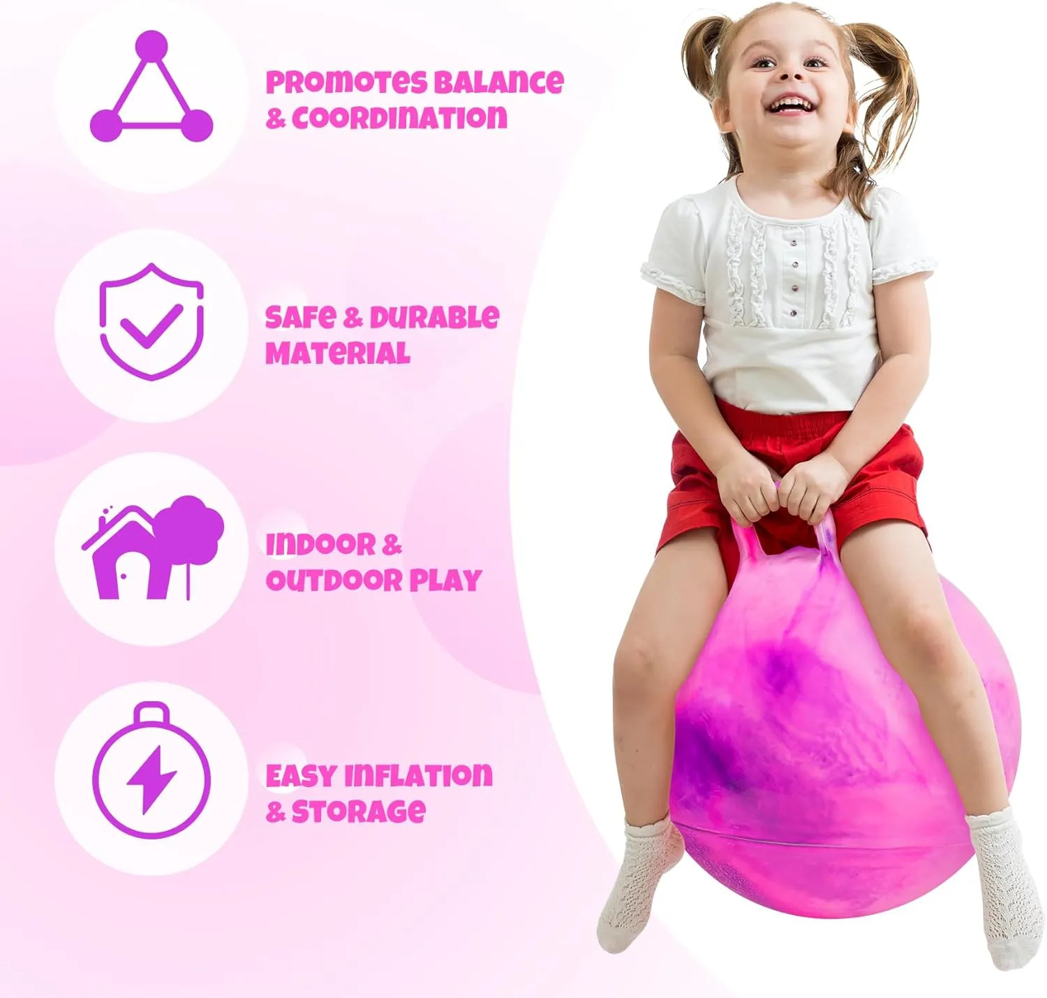 18 Inch Clouds Hopper Ball for Kids Ages 3-8, Purple Pink Bouncy Ball with Handle, Inflatable Jumping with Pump and Gift Box, Indoor Outdoor Balance Toy for Girls and Boys