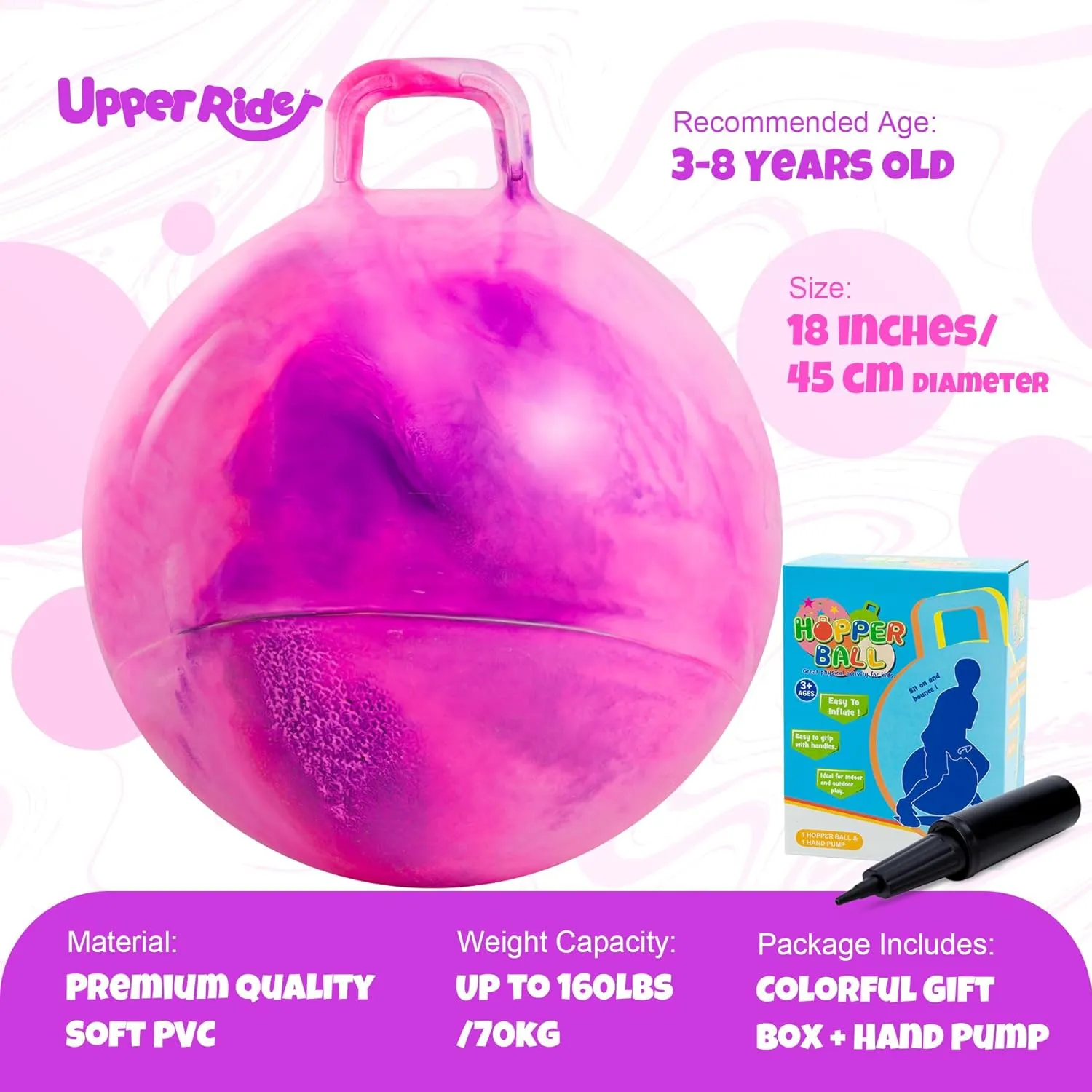 18 Inch Clouds Hopper Ball for Kids Ages 3-8, Purple Pink Bouncy Ball with Handle, Inflatable Jumping with Pump and Gift Box, Indoor Outdoor Balance Toy for Girls and Boys