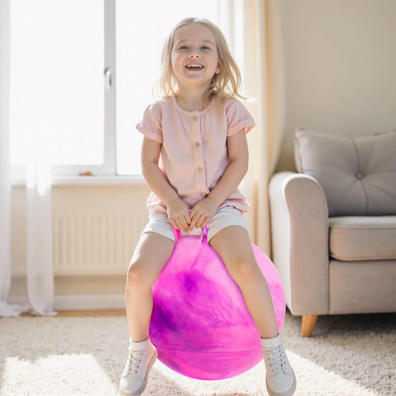18 Inch Clouds Hopper Ball for Kids Ages 3-8, Purple Pink Bouncy Ball with Handle, Inflatable Jumping with Pump and Gift Box, Indoor Outdoor Balance Toy for Girls and Boys