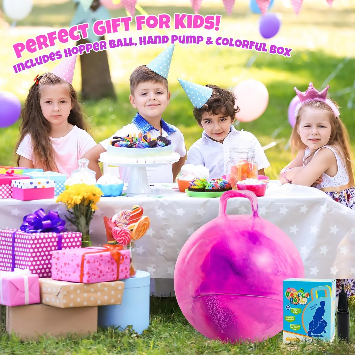 18 Inch Clouds Hopper Ball for Kids Ages 3-8, Purple Pink Bouncy Ball with Handle, Inflatable Jumping with Pump and Gift Box, Indoor Outdoor Balance Toy for Girls and Boys